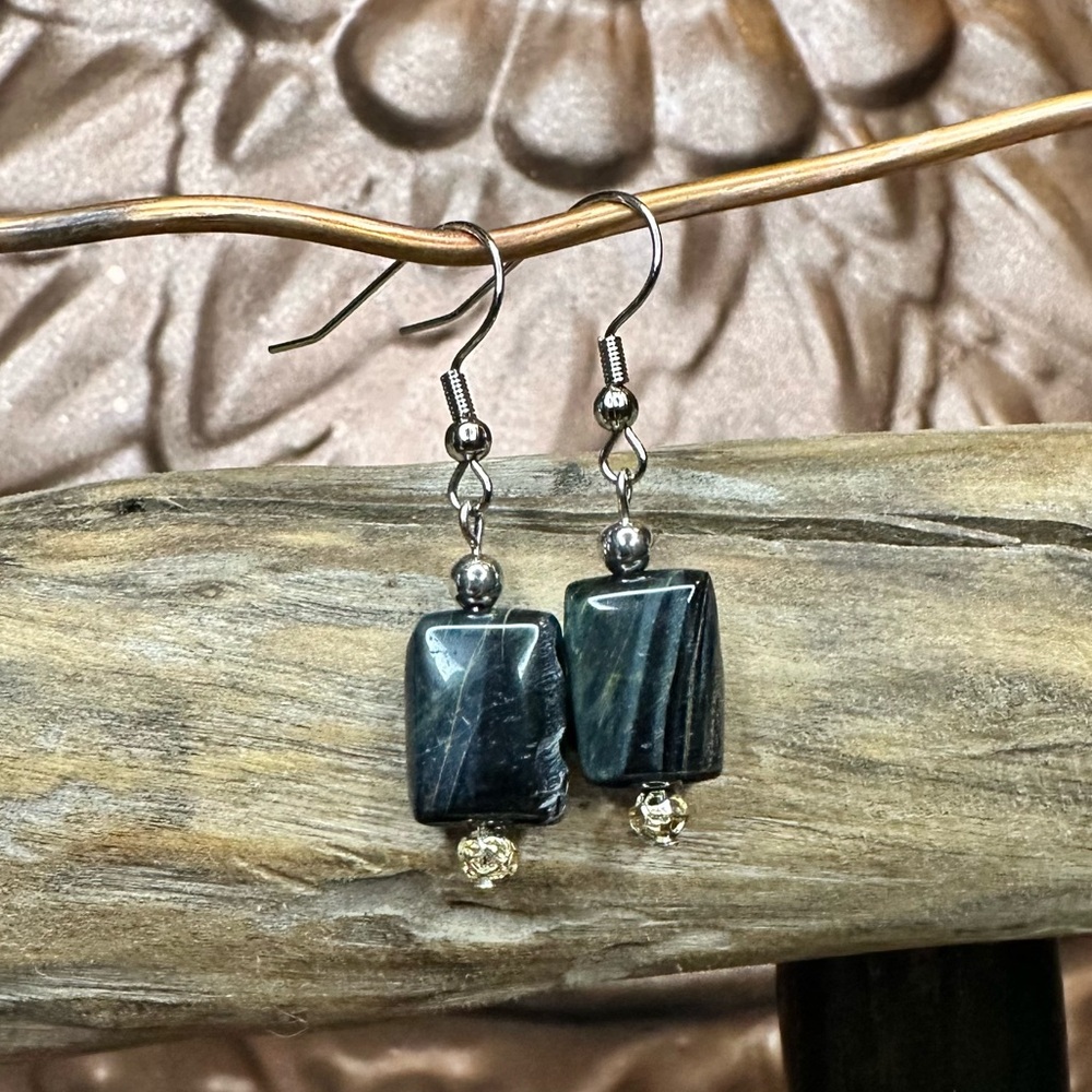 Blue Green with a hint of Gold Tiger Eye Stone Earrings